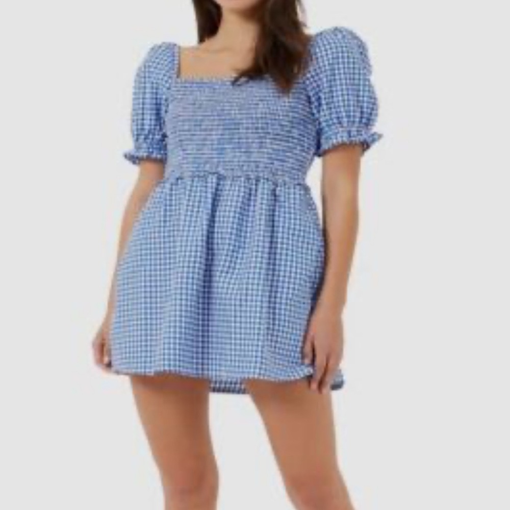 French Connection Blue Checkered Puff Sleeve Dress